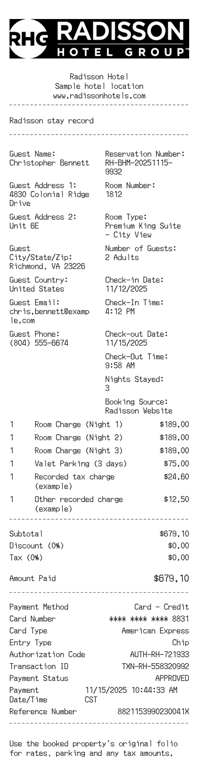 Radisson Receipt — example receipt