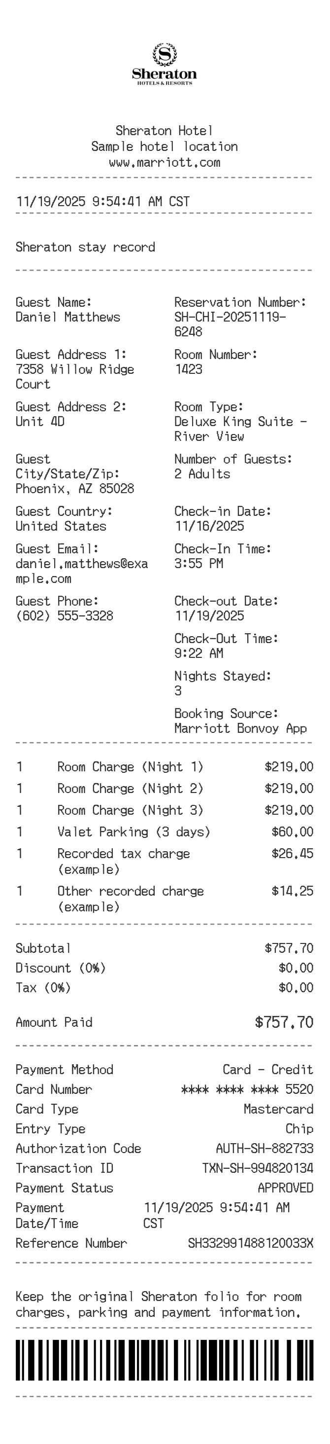 Sheraton Receipt — example receipt