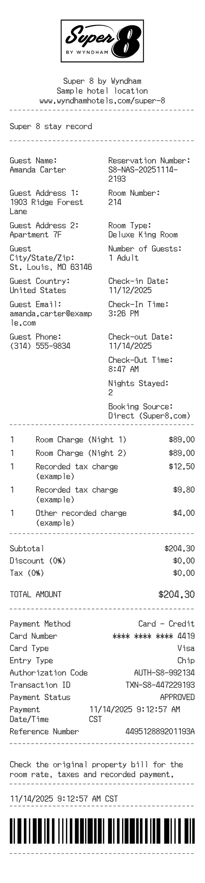 Super 8 Receipt — example receipt