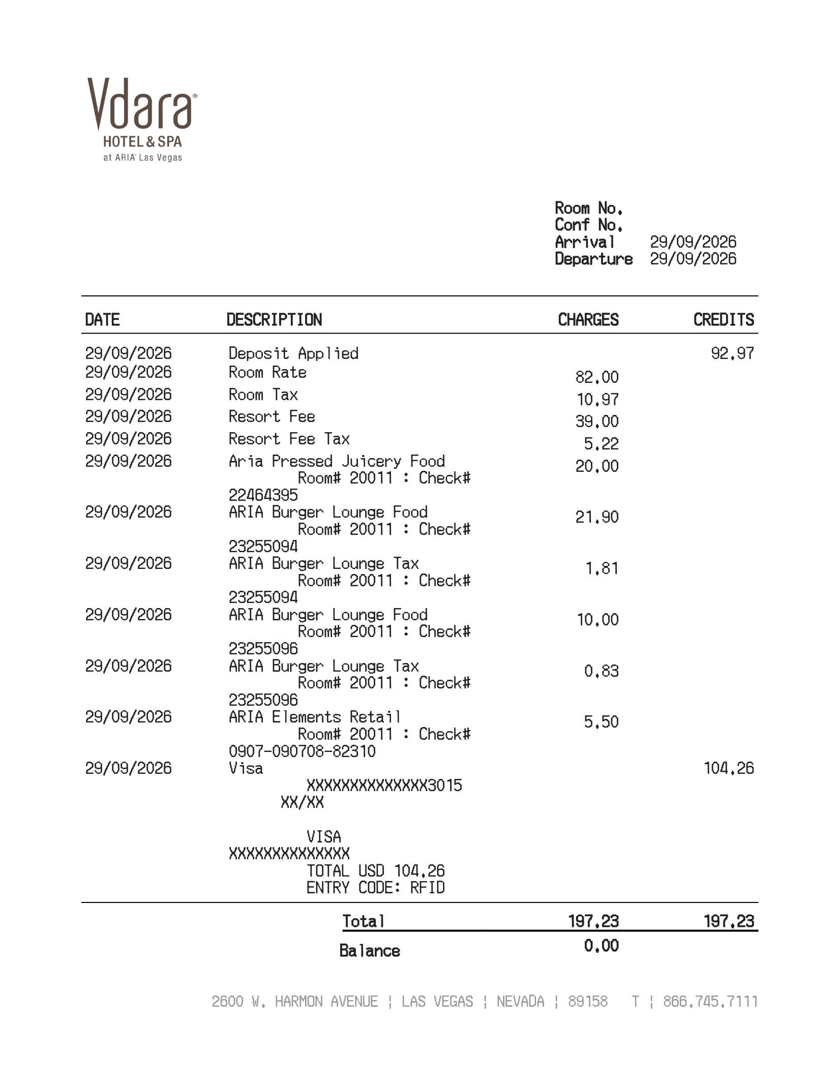 Vdara Receipt — example receipt