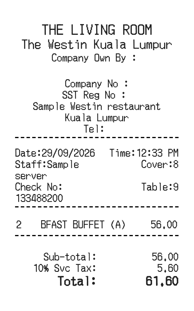 Westin Receipt — example receipt