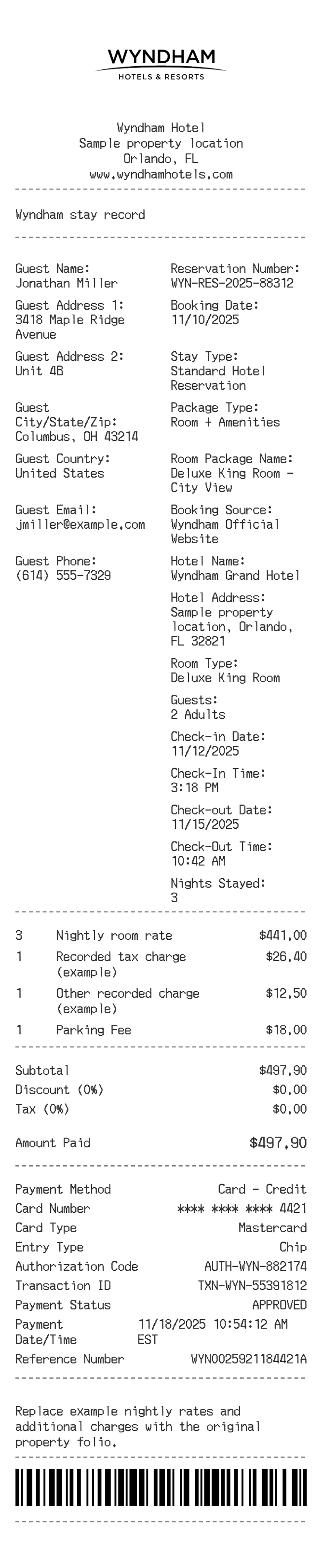 Wyndham Receipt — example receipt