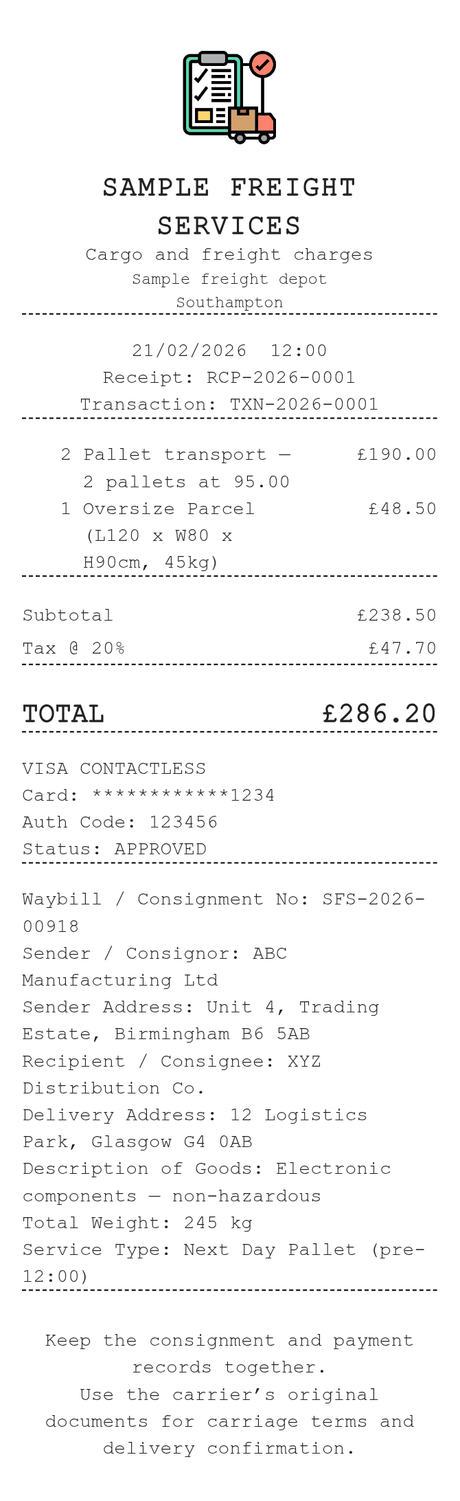 Cargo Receipt — example receipt