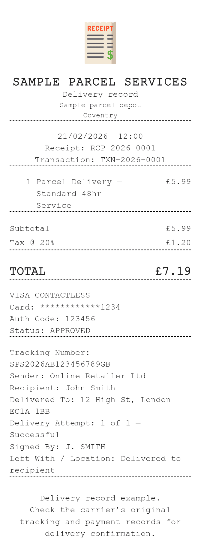 Delivery Receipt — example receipt
