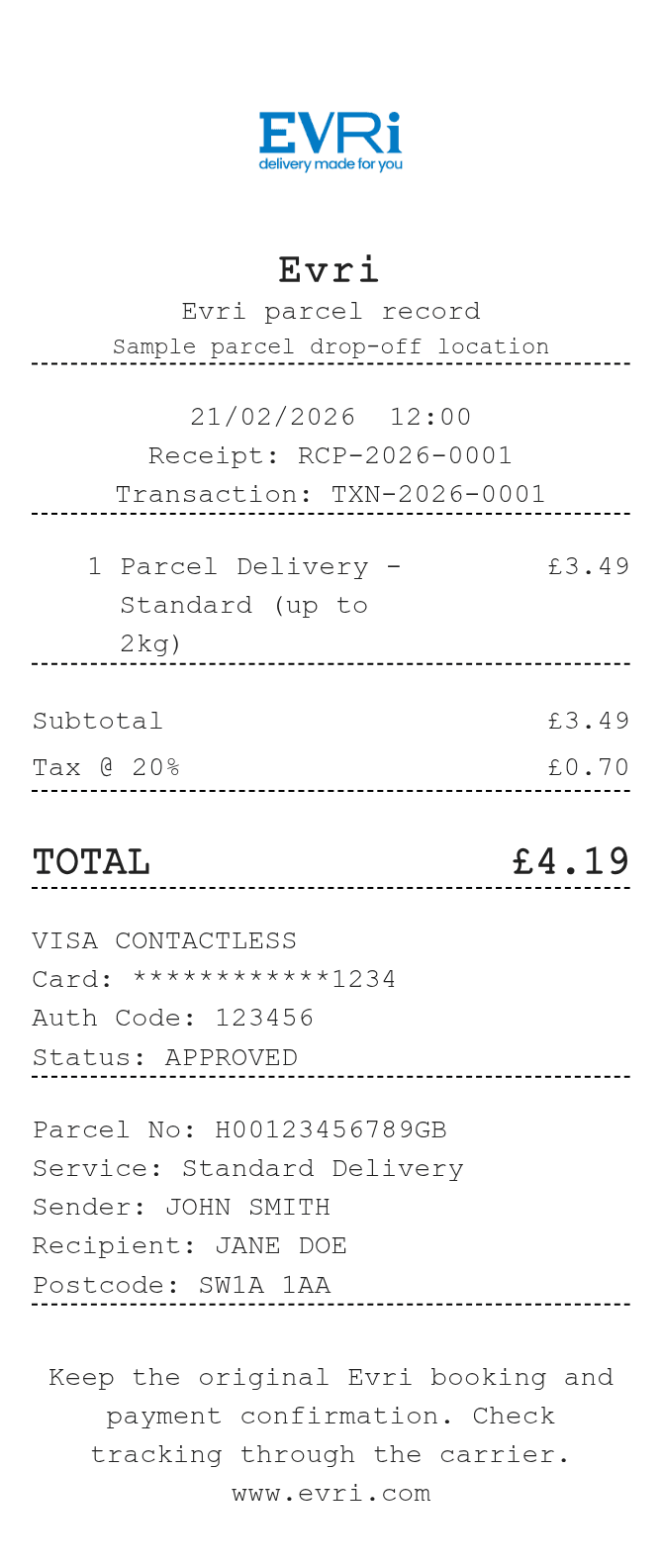 Evri Receipt — example receipt