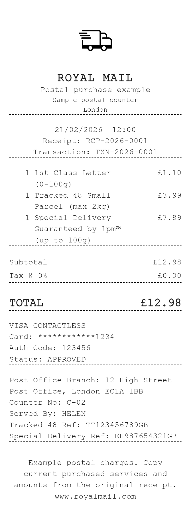 Postage Receipt — example receipt