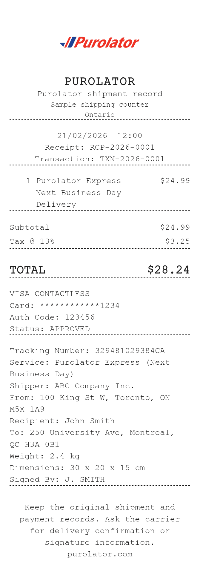 Purolator Canada Receipt — example receipt