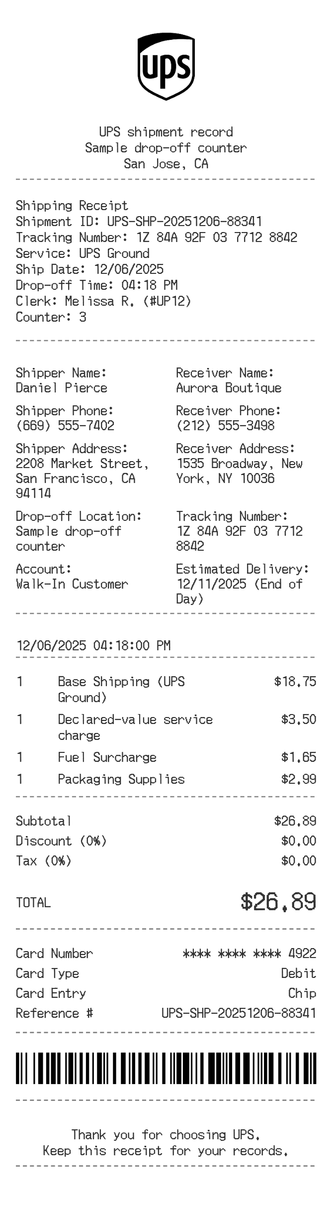 UPS Receipt — example receipt