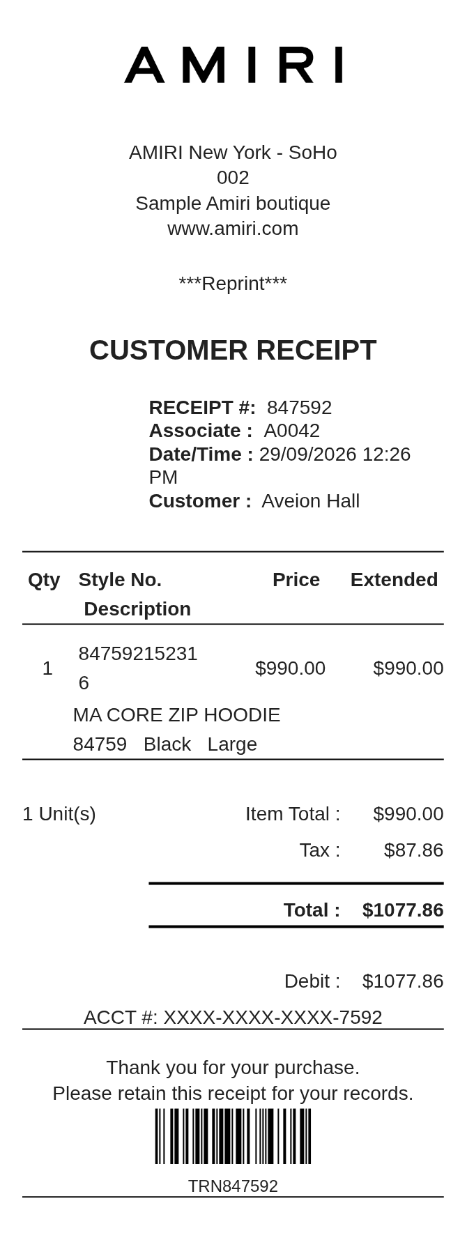 Amiri Receipt — example receipt