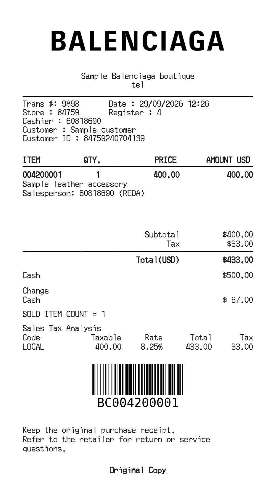 Balenciaga Receipt — example receipt