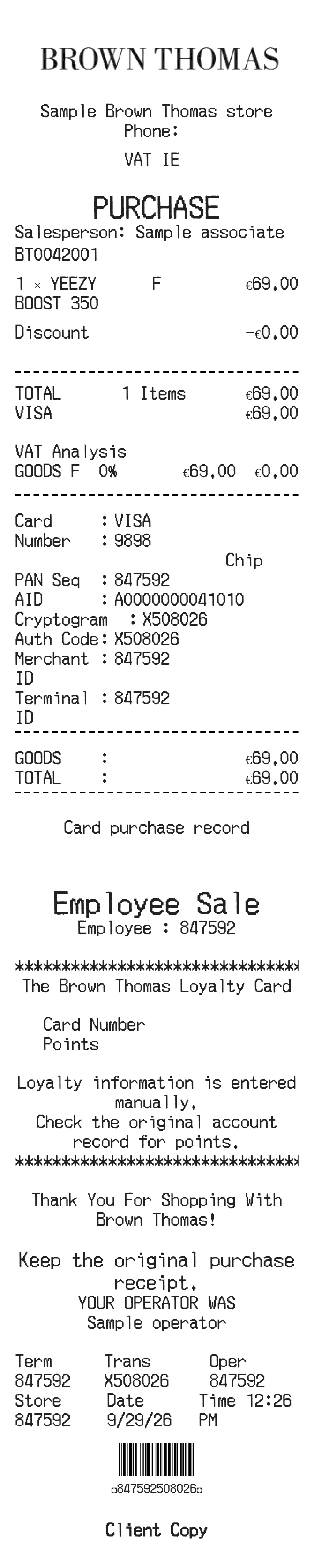 Brown Thomas Receipt — example receipt