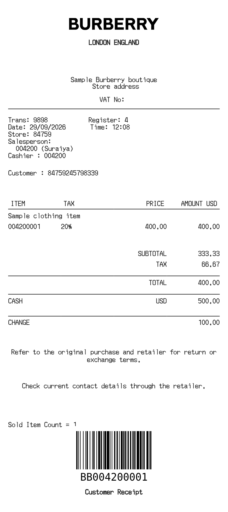 Burberry Receipt — example receipt