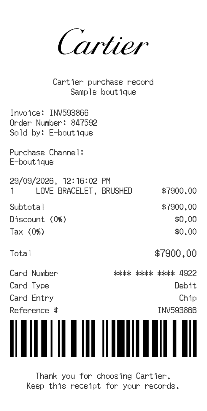 Cartier Receipt — example receipt