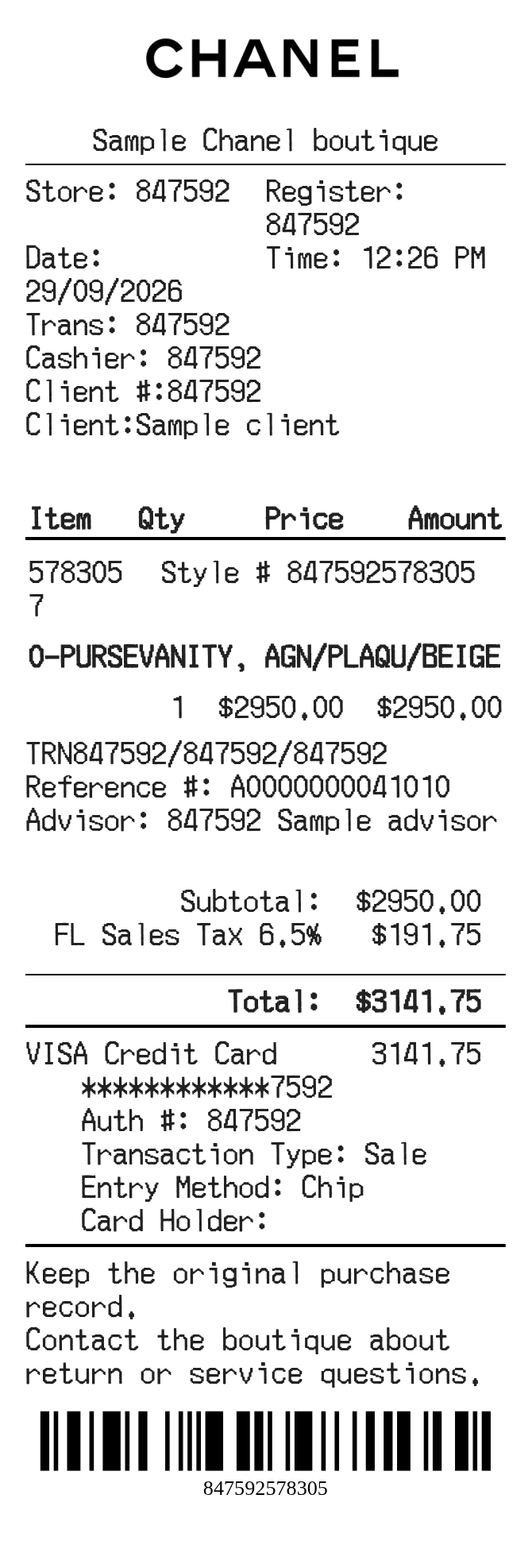 Chanel Receipt — example receipt