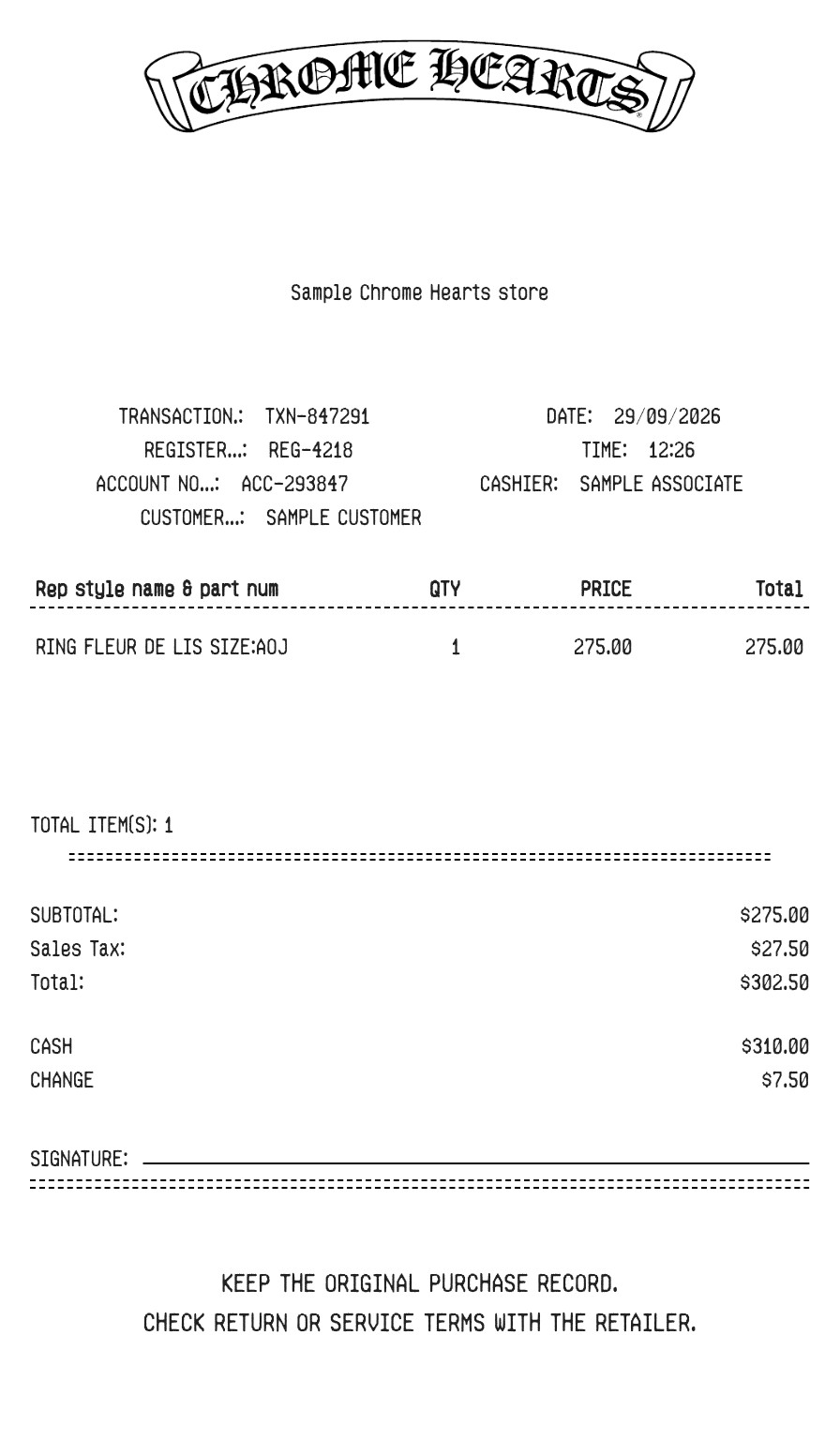 Chrome Hearts Receipt — example receipt