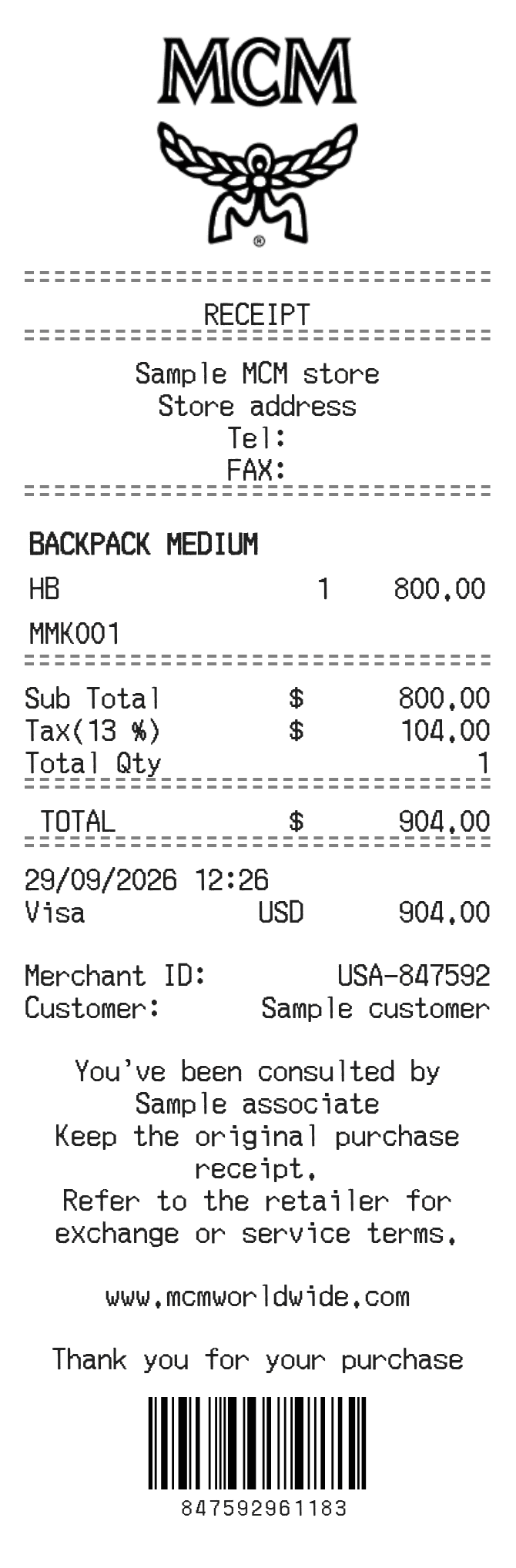 MCM Receipt — example receipt