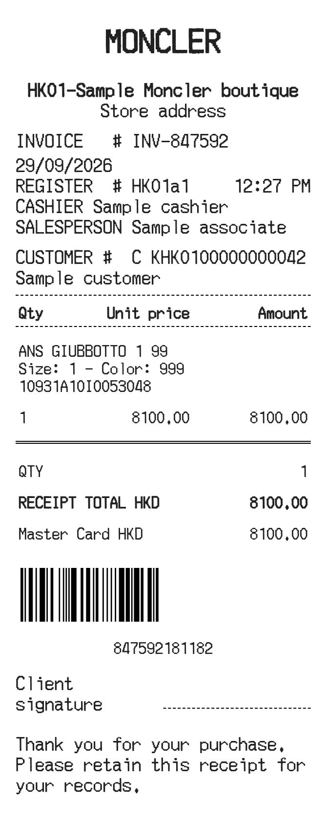 Moncler Receipt — example receipt