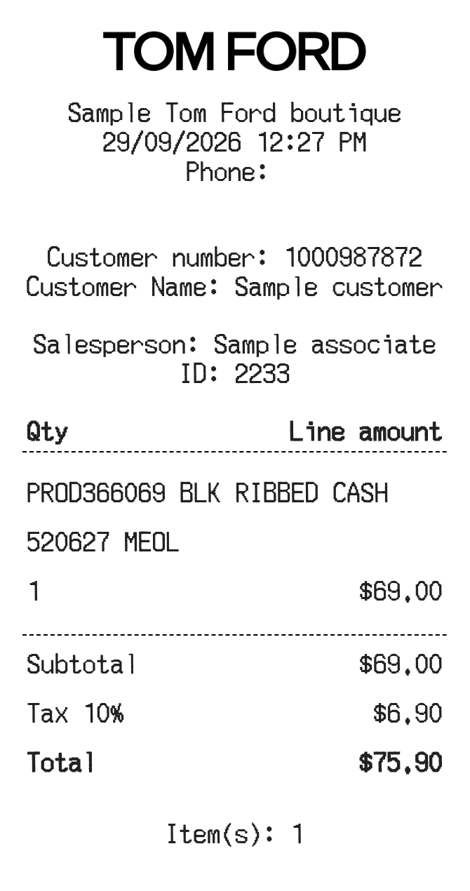 Tom Ford Receipt — example receipt