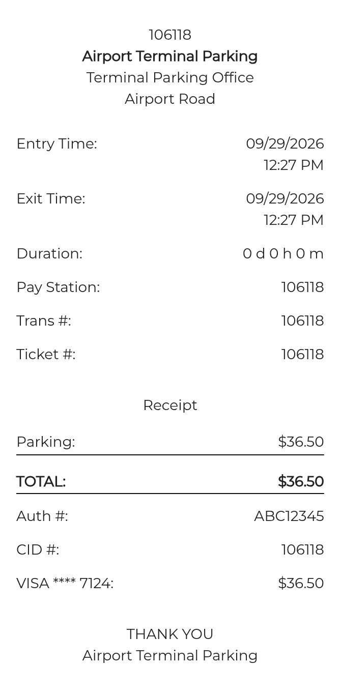 Airport Parking Receipt — example receipt