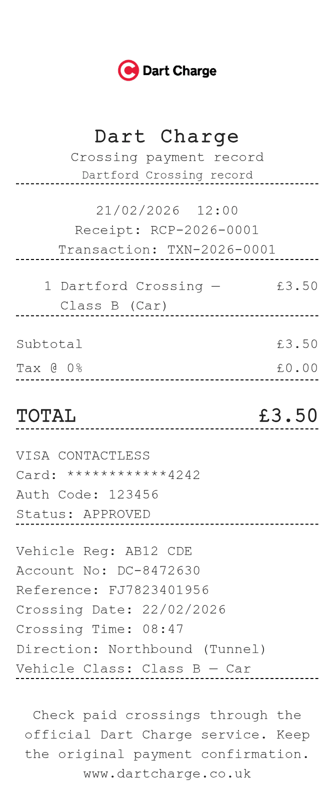 Dart Charge Receipt — example receipt