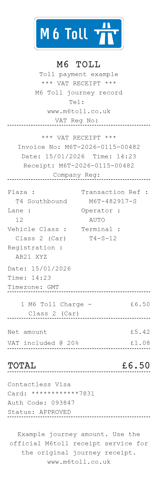 M6 Toll Receipt — example receipt
