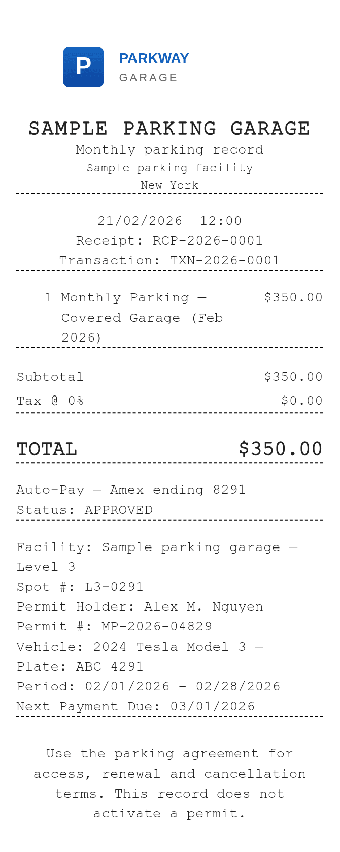 Monthly Parking Receipt — example receipt