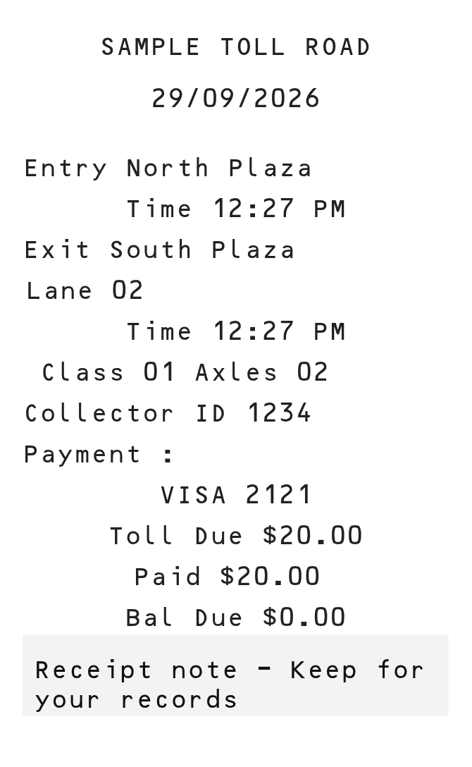 Toll Receipt — example receipt