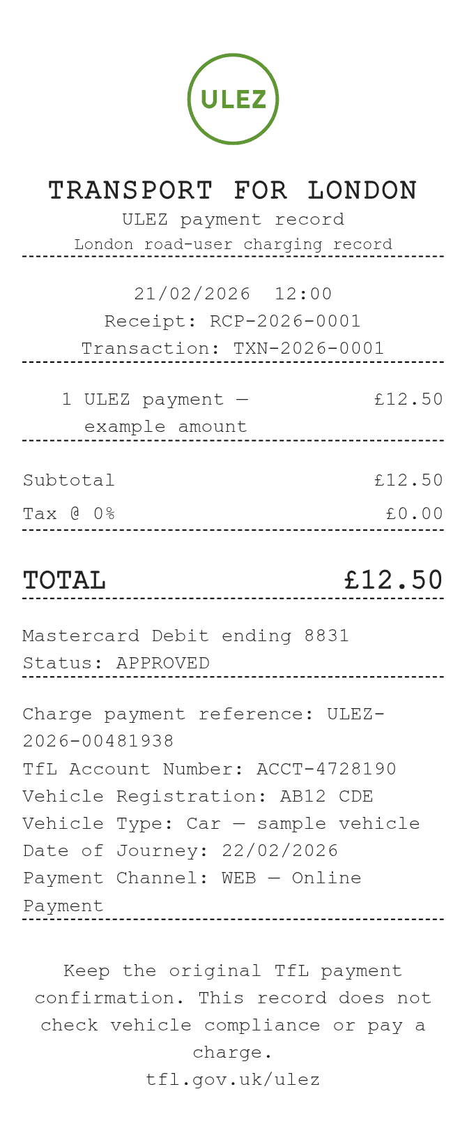ULEZ Receipt — example receipt