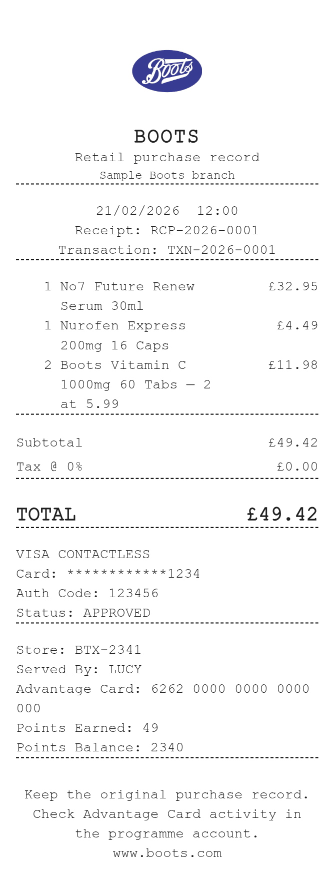 Boots Receipt — example receipt