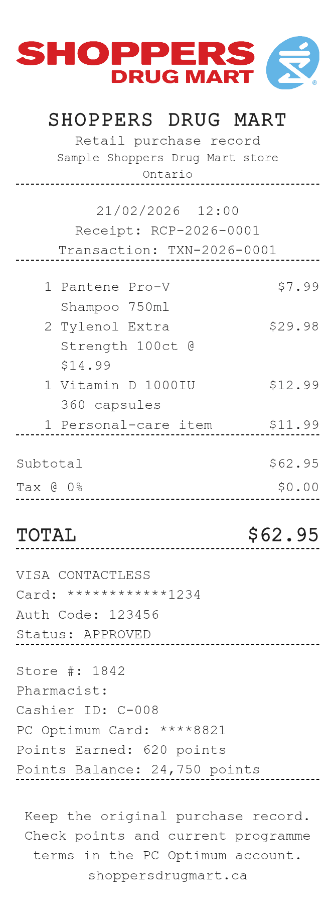 Shoppers Drug Mart Receipt — example receipt