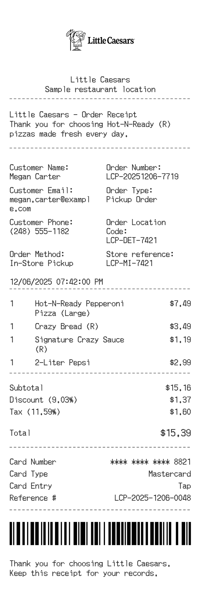 Little Caesars Receipt — example receipt