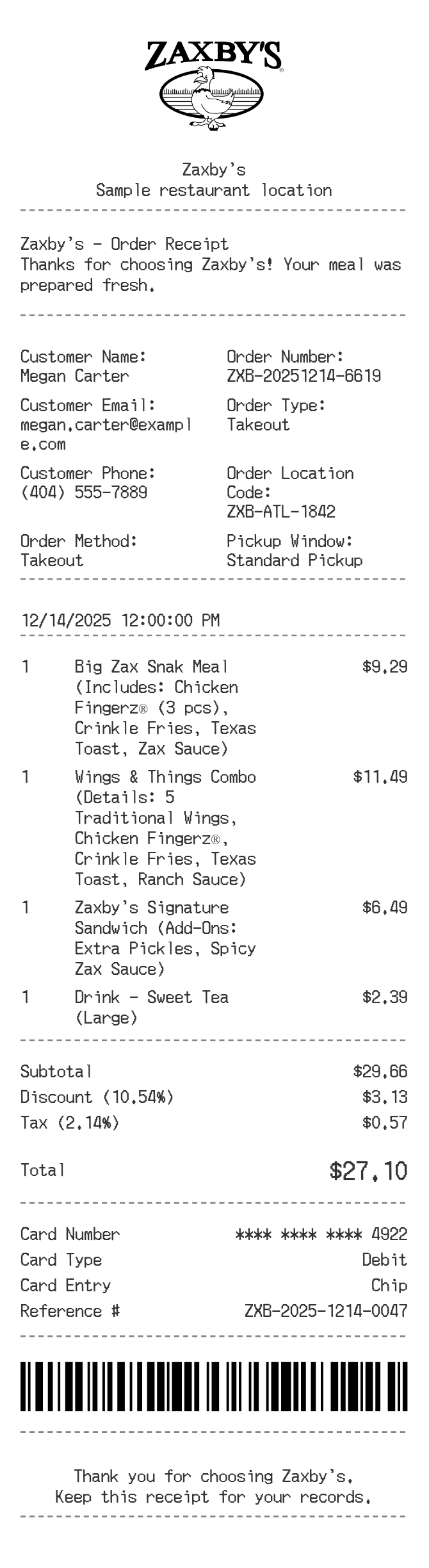 Zaxby's Receipt — example receipt