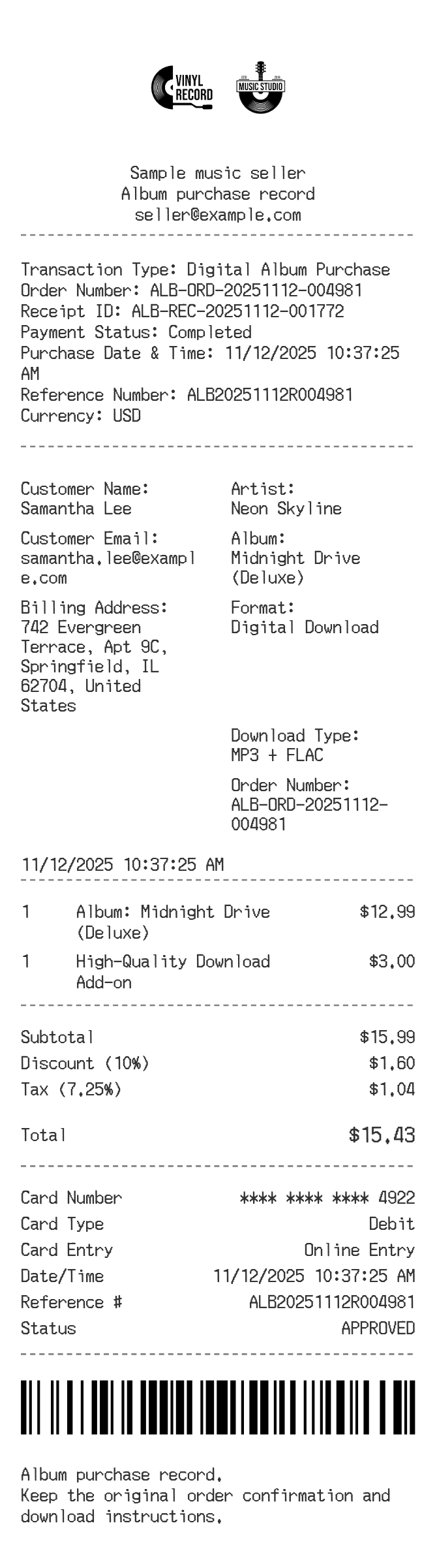 Album Receipt — example receipt