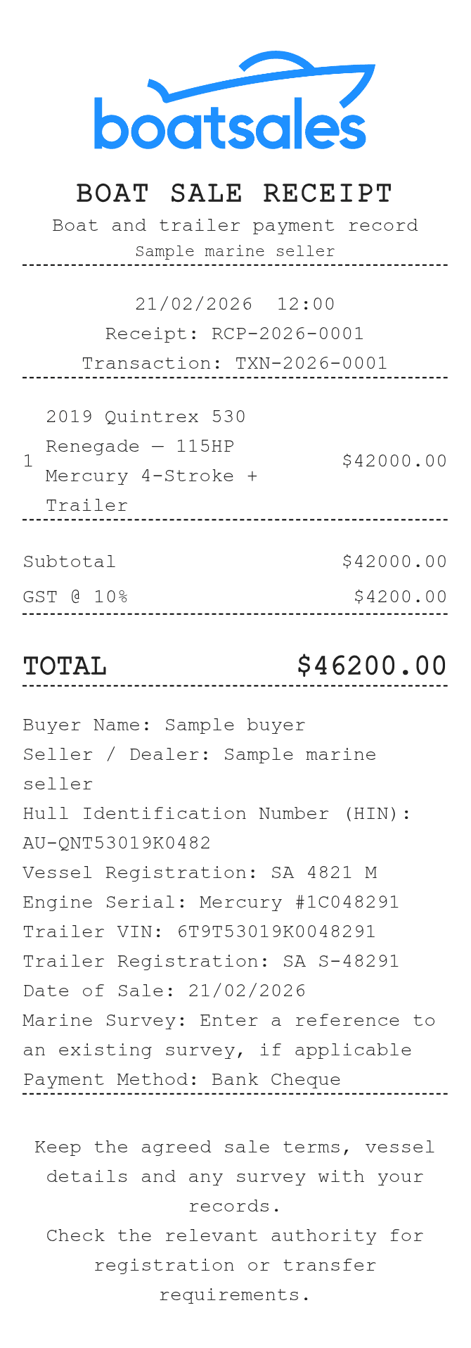 Boat Sale Receipt (Australia) — example receipt