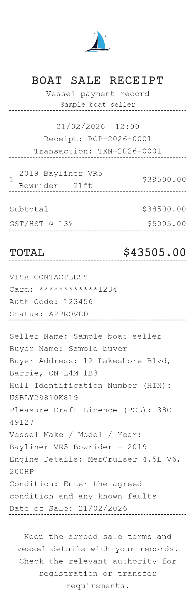 Boat Sale Receipt — example receipt