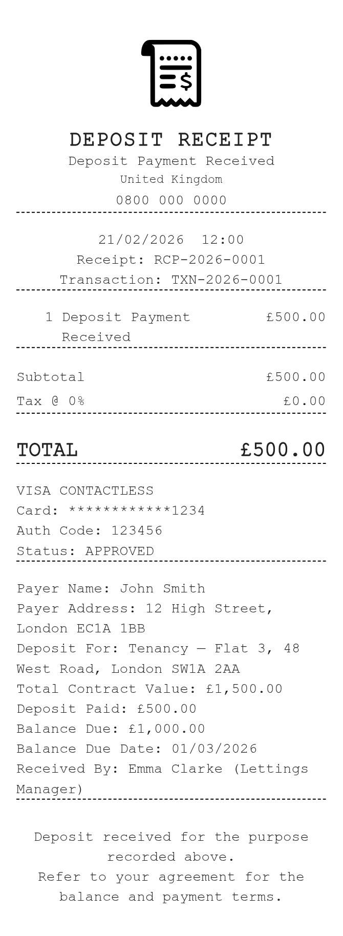 Deposit Receipt — example receipt