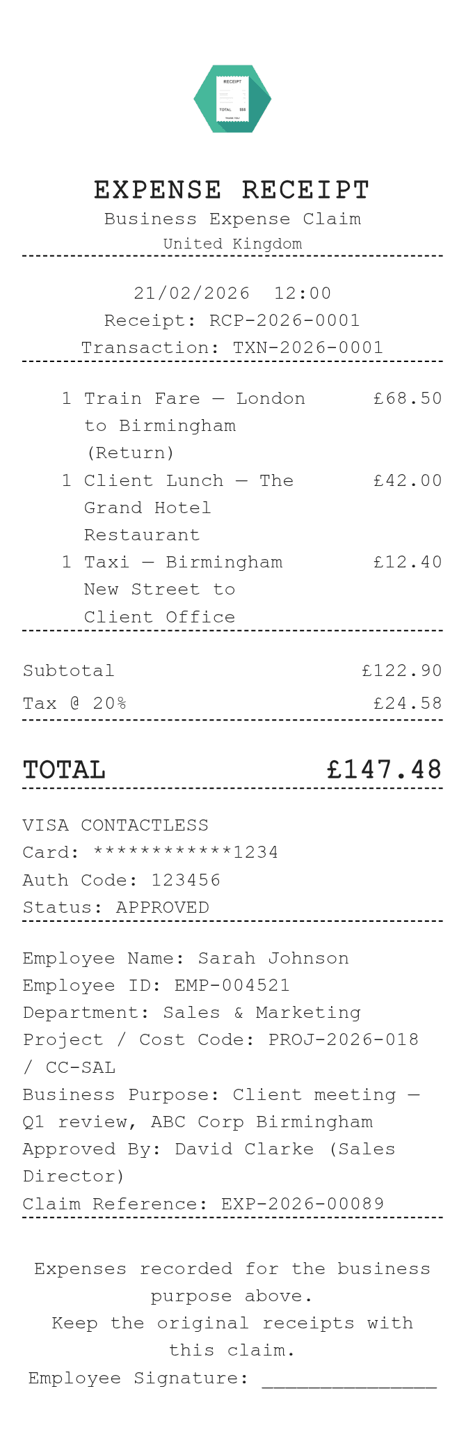 Expense Receipt — example receipt
