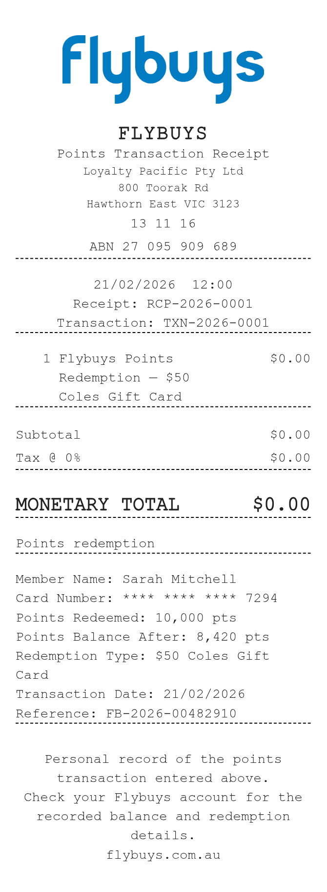 Flybuys Receipt — example receipt