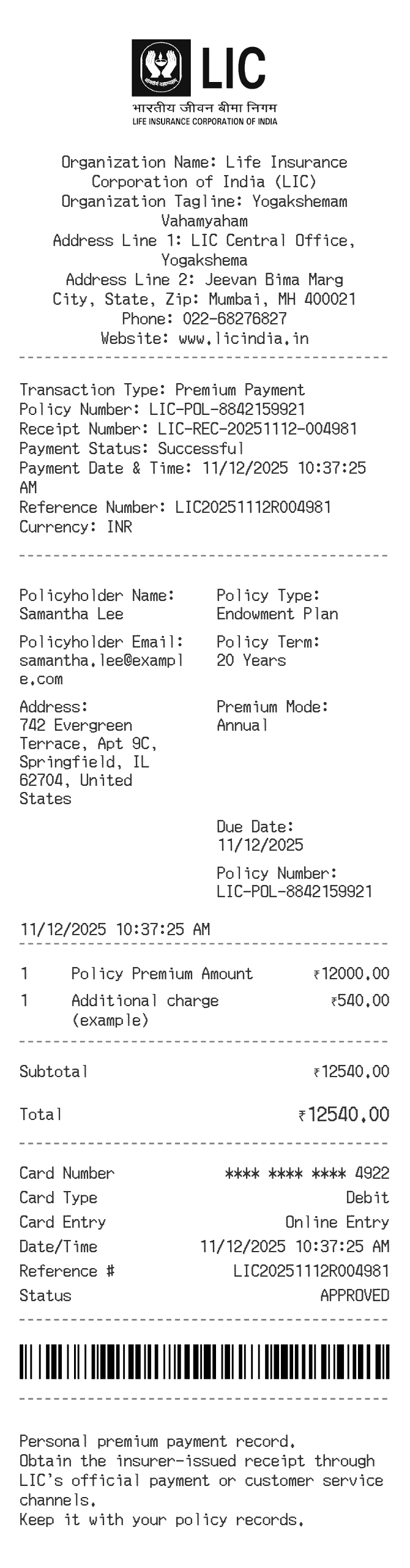 LIC Receipt — example receipt