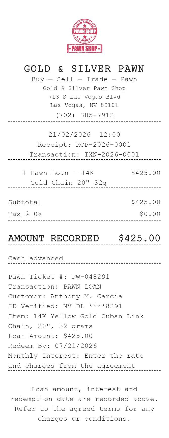 Pawn Shop Receipt — example receipt
