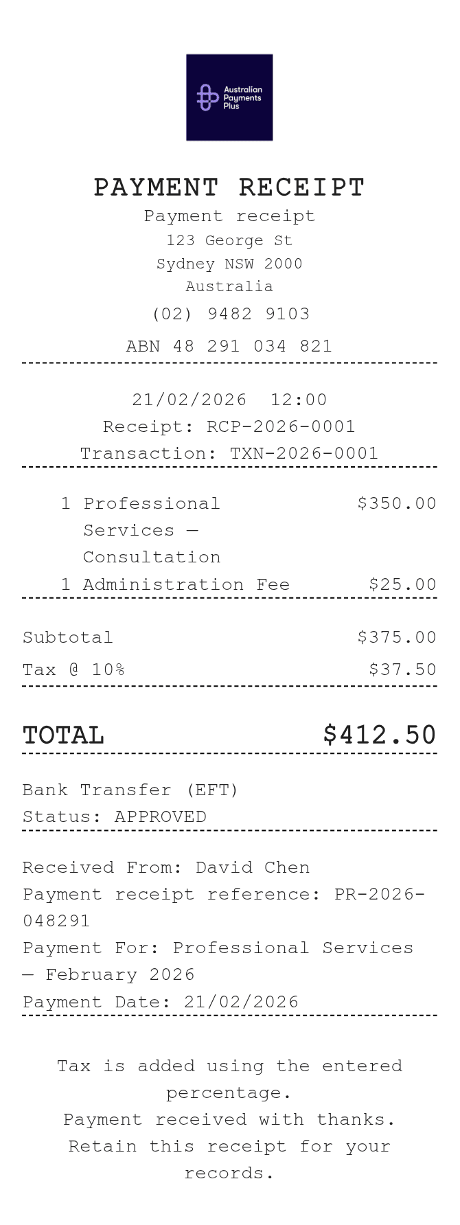 Payment Receipt Australia Receipt — example receipt