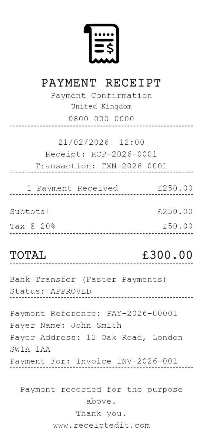 Payment Receipt — example receipt