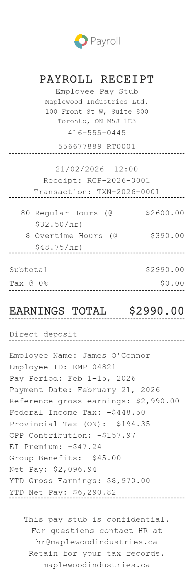 Payroll Receipt — example receipt