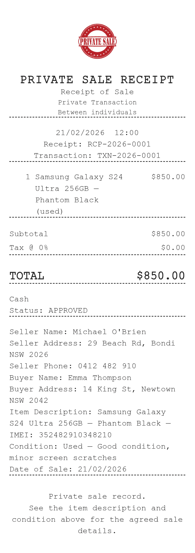 Private Sale Receipt — example receipt