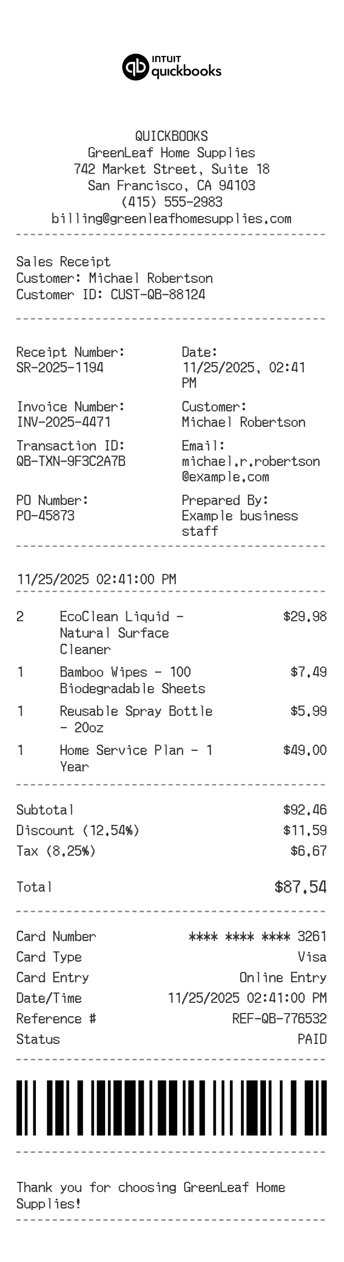 Quick Books Receipt — example receipt