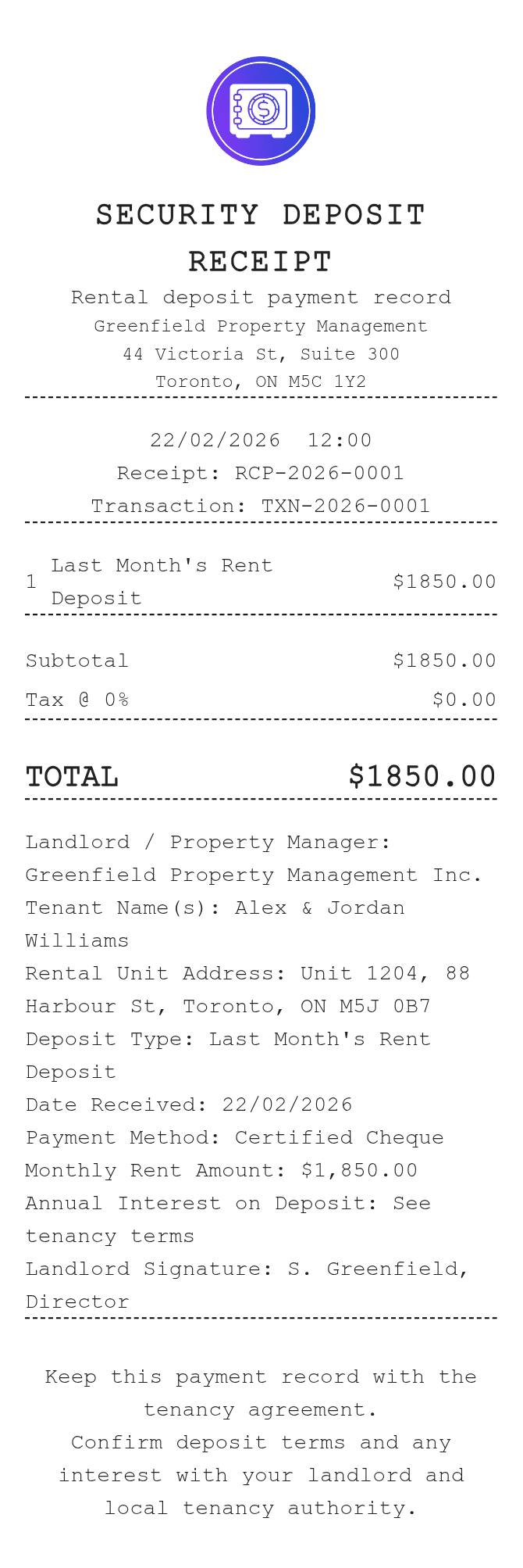 Security Deposit Receipt — example receipt
