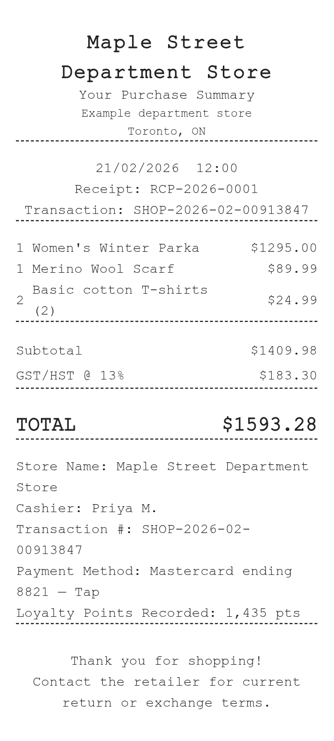 Shopping Receipt (Canada) — example receipt
