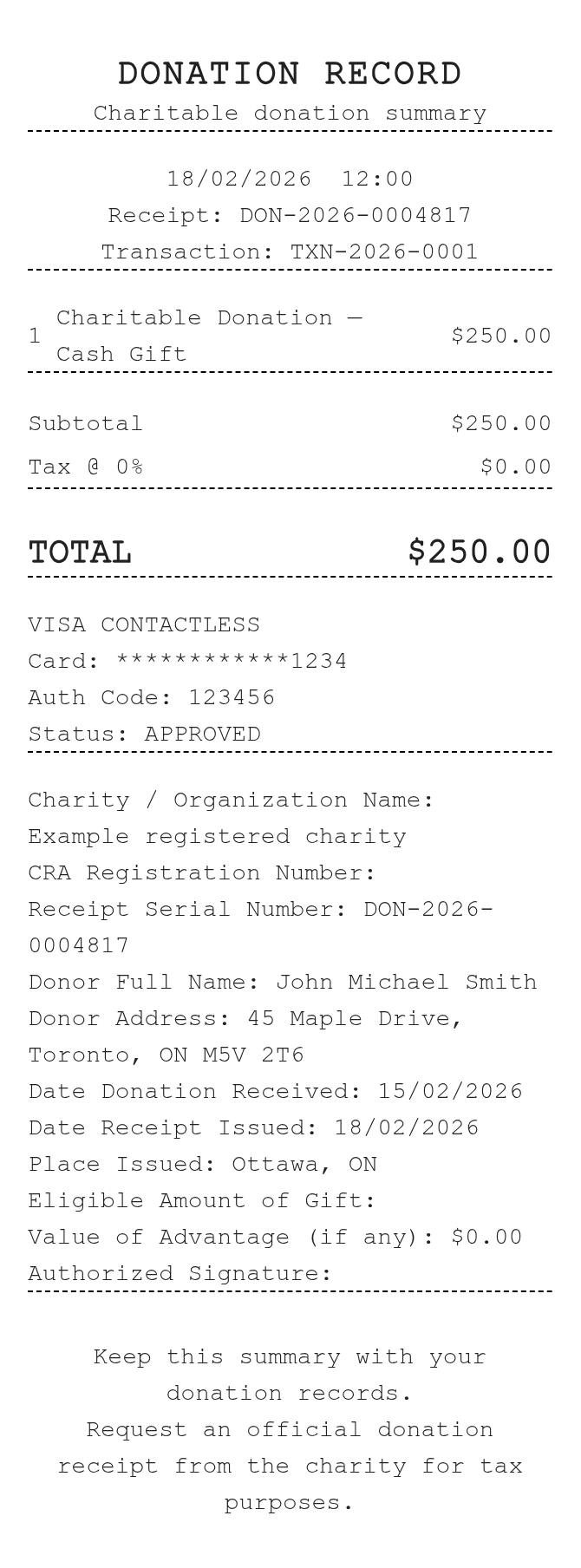 Tax Receipt (Canada) — example receipt