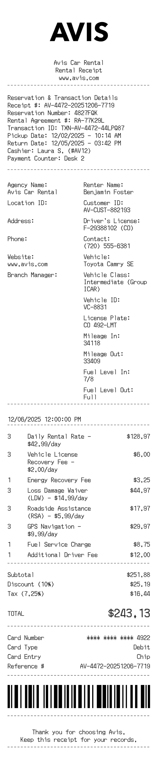 Avis Receipt — example receipt