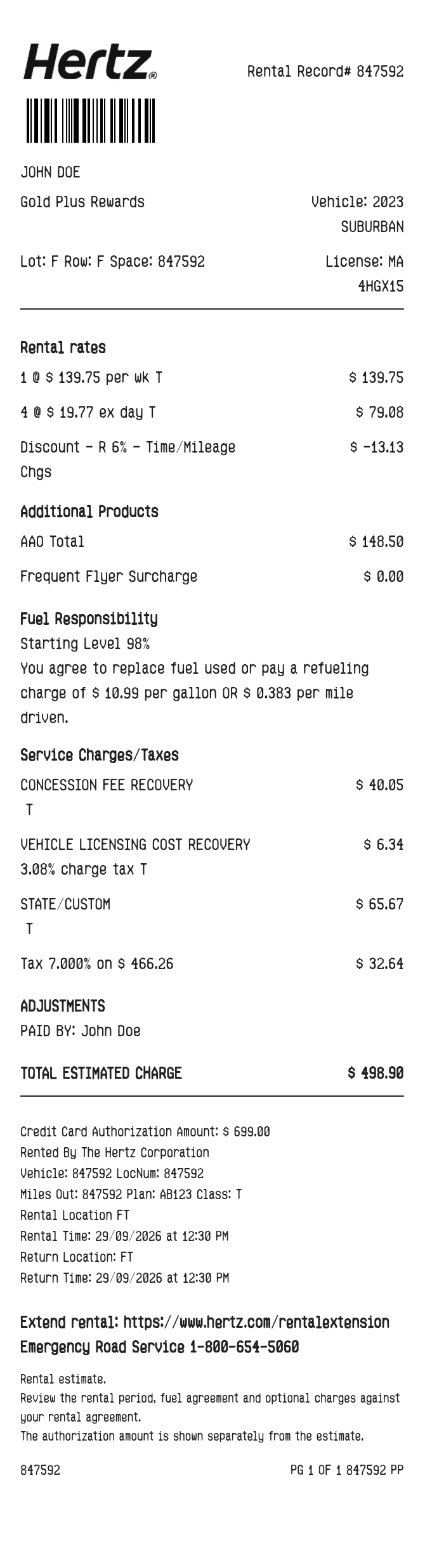 Hertz Receipt — example receipt